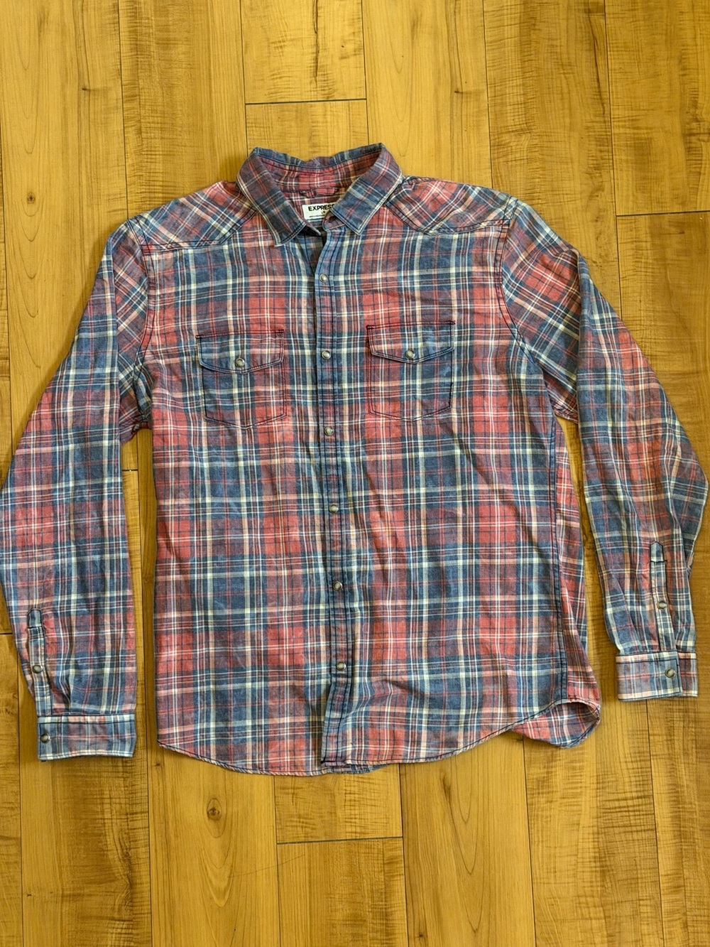 Express Western Plaid Pearl Snap Shirt - Men’s Large Red Blue Cowboy